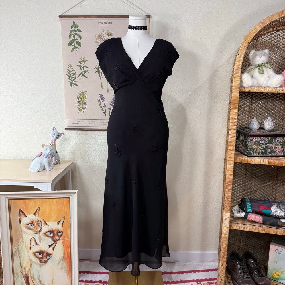Vintage 90s Black Beaded Sequin Dress Romantic Goth Whimsigoth Party Sexy L 12